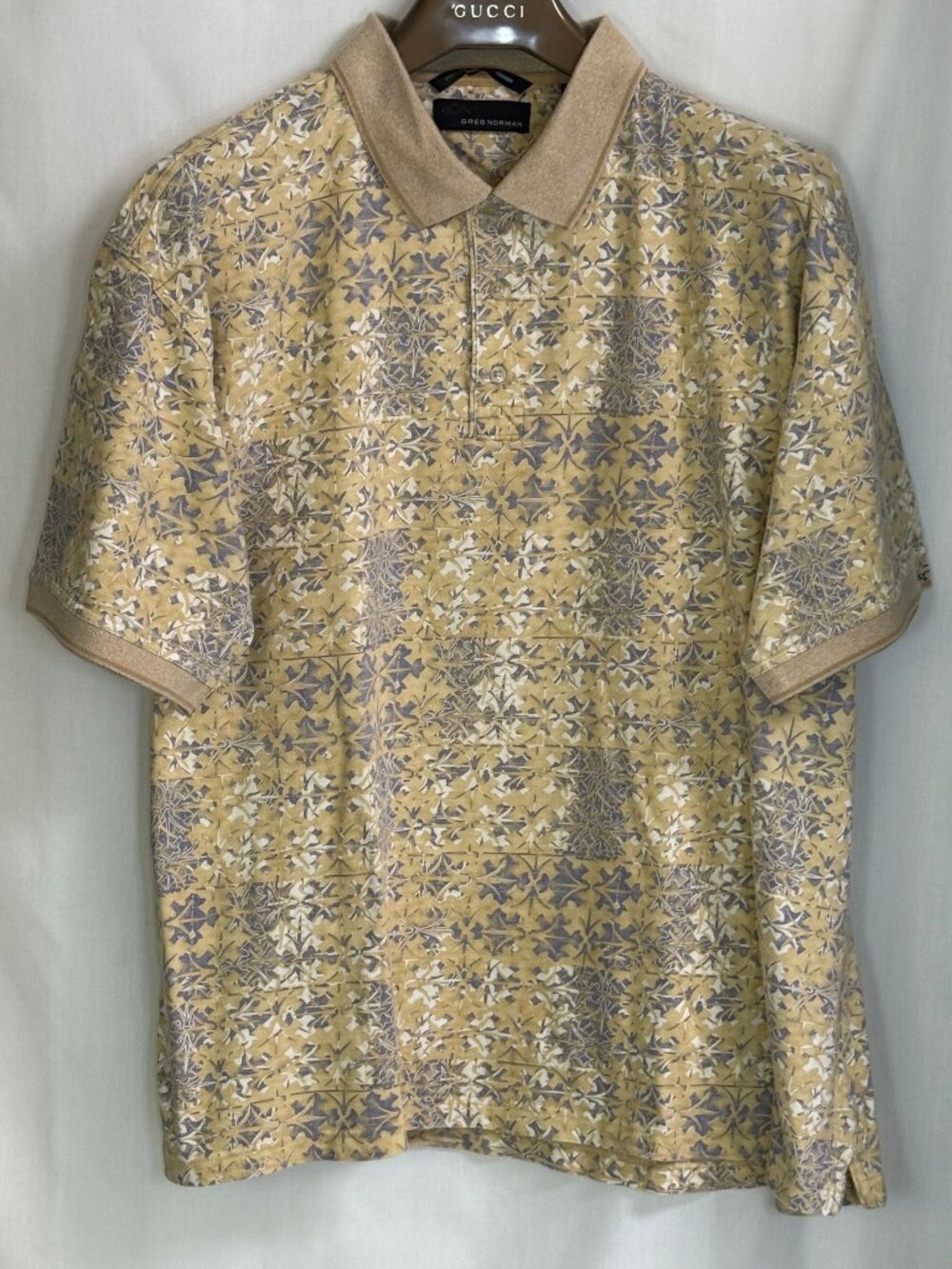Greg Norman Men's Short Sleeves w/ Collar Printed Polo Shirt-Camel/Steel Blue-XL